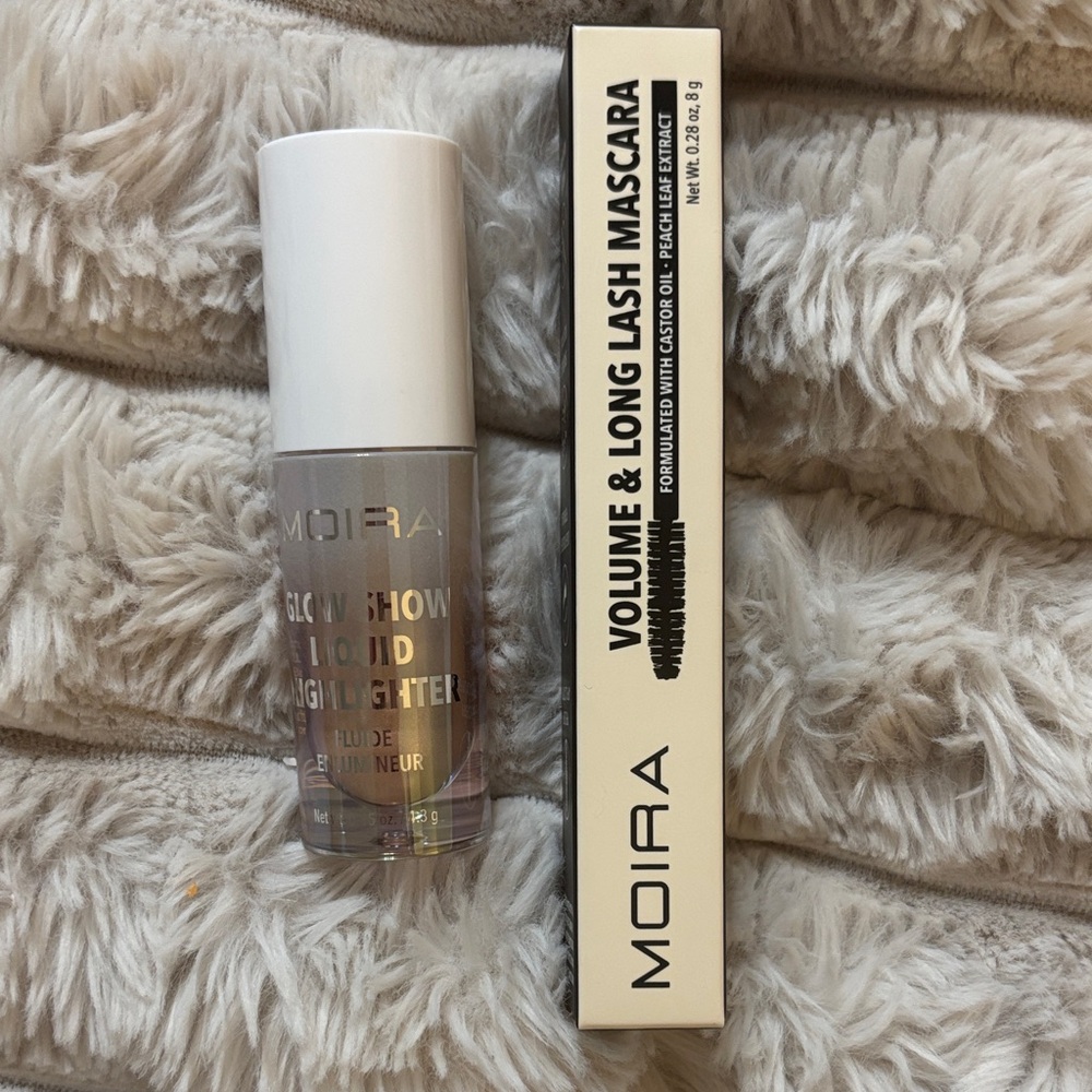 Moira Glow Show Liquid Highlighter and a black mascara